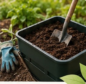 Compost bin with a garden trowel